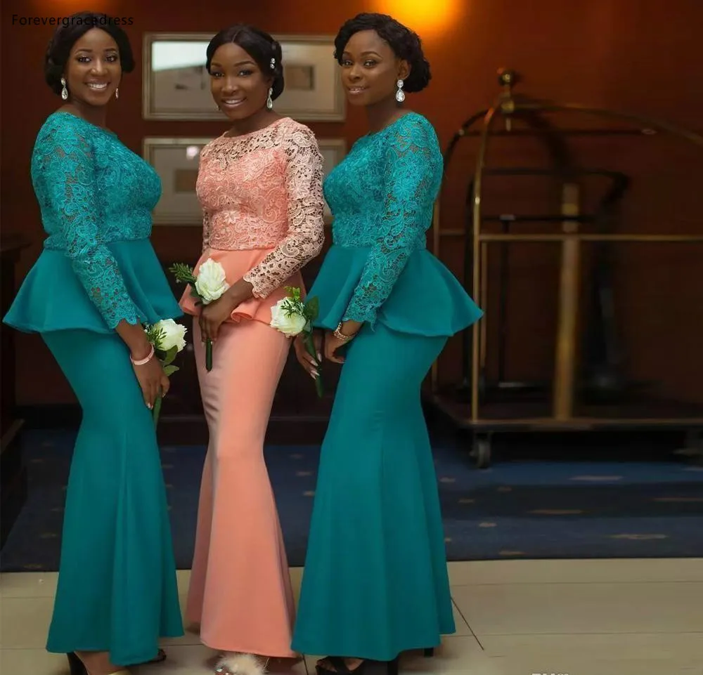 ASO EBI Vintage Bridesmaids Dresses Coral Dark Green Mermaid Lace Long Sleeve With Peplum Long Maid of Honor Wedding Guest Dress Plus Size  105 (2)