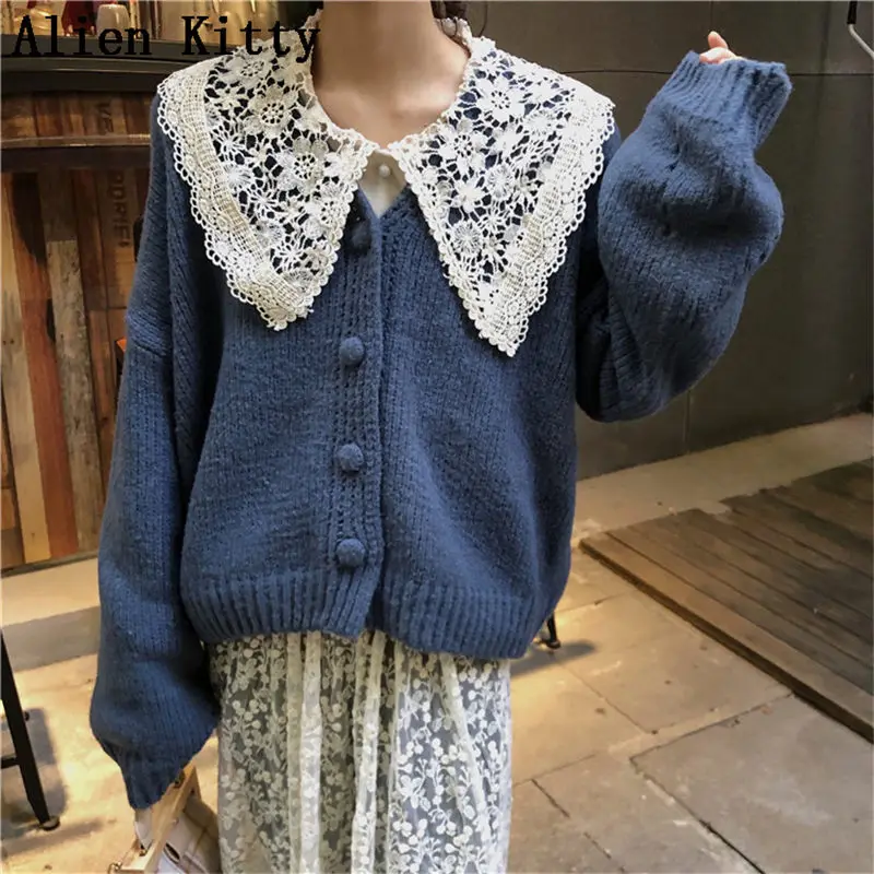 

Alien Kitty Spring Autumn Sweet Two Piece Set Casual Solid Sweater Tops+Ankle-Length Lace Loose Free Dress Sets Work Women Suit