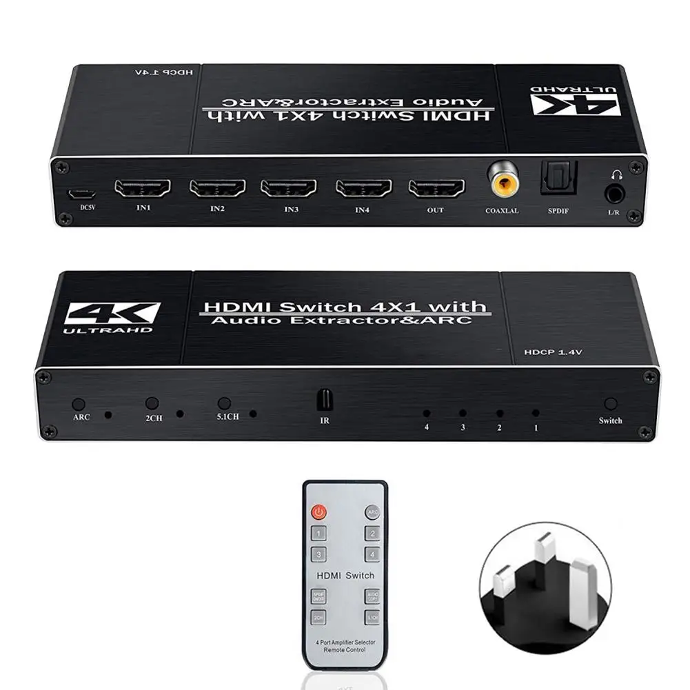 HDMI2.0 коммутатор 4 в 1 с аудио разделения Поддержка HDR10 ARC 4 k 60 hz Поддержка 5,1 канал HDCP 1,4 4K@ 60 Гц HDMI переключатель с пультом дистанционного управления - Цвет: UK
