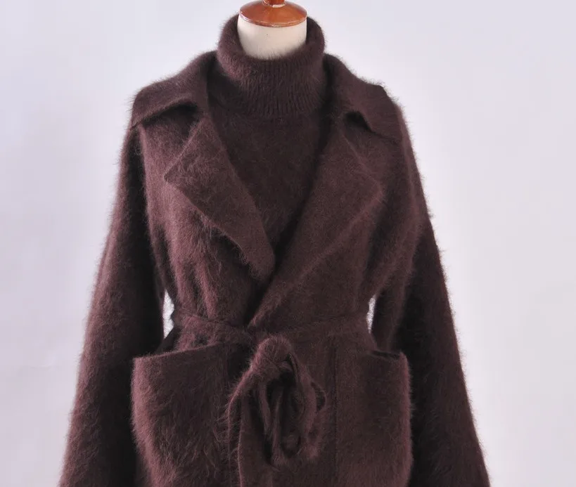 Женский длинный вязаный норковый кашемировый свитер, жилет, Дамское модное пальто, куртка, верхняя одежда с поясом - Цвет: Коричневый