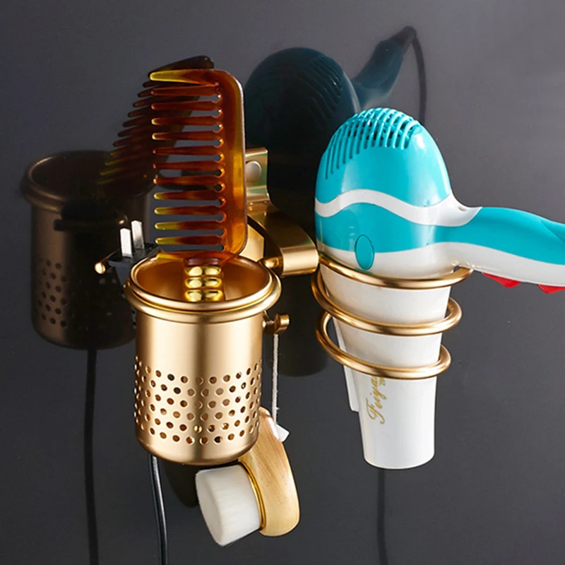 SRJ Aluminium Wall Mount Hair Dryer Holder Stand With Storage Cup Bathroom Sliver Golden Spiral Hair Dryer Shelf Holder