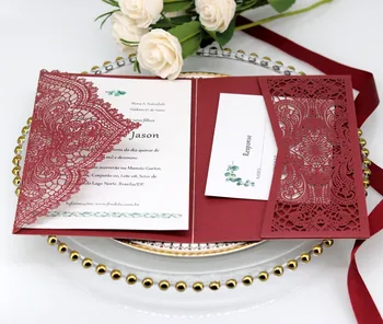 

Burgundy Lace Floral Tri-fold Wedding Invitations 2019 Shimmy Pearl Laser Cut Pocket Dinner Invites Cover