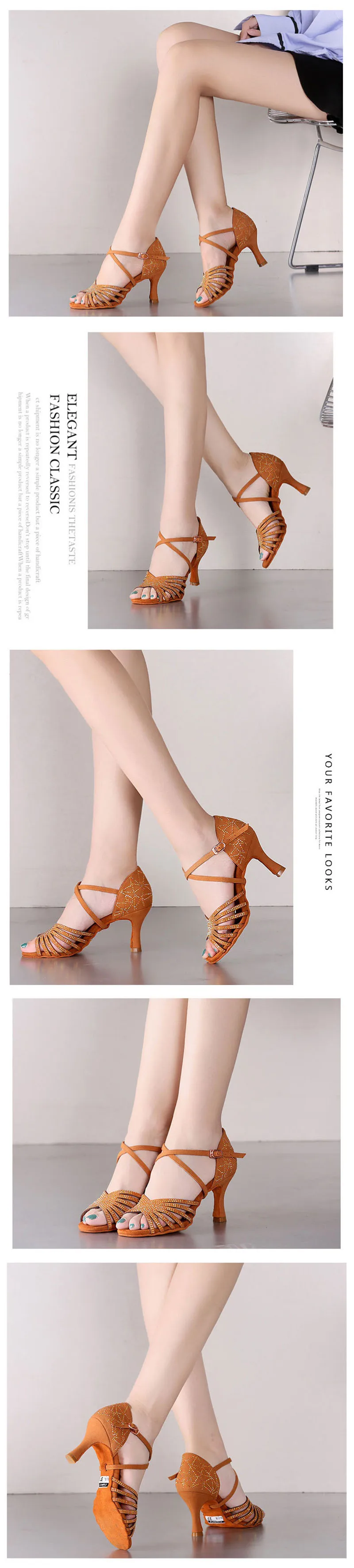USHINE BD211 Heel 7.5cm Silk Satin Apricot Brown Latin Dance Shoes Champagne Color Rhinestone Salsa Latin Dance Shoes Woman