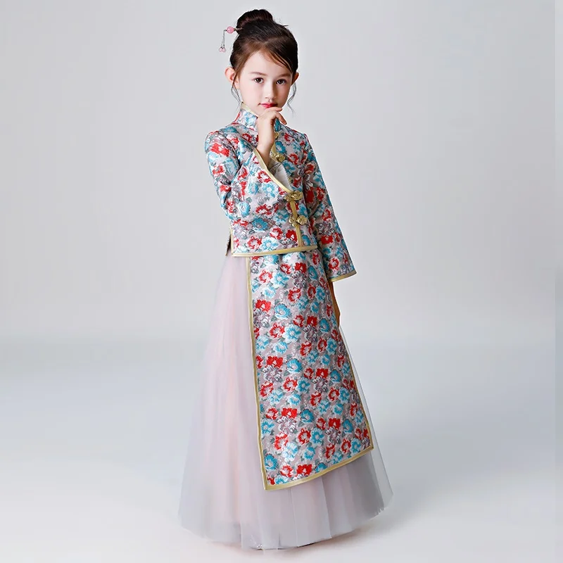 Традиционный китайский национальный костюм для мальчиков; сценические костюмы с длинными рукавами для девочек; праздничная одежда; китайское платье; Ципао для девочек; AA4556 - Цвет: 2