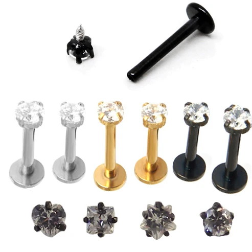 

1.2x10x3mm 16G Gold Stainless Steel Internally Threaded Prong Top Gem Labret lip piercing Zircon labret ring Tragus Earring