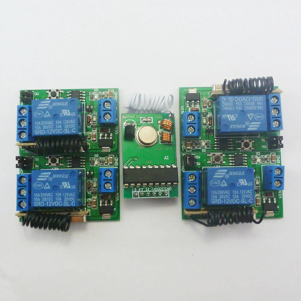 

DC12V 433MHz Transmitter Control Delay Relay Receiver Kits PT2262 transmitter module and 4 pcs 1 channels relay switch
