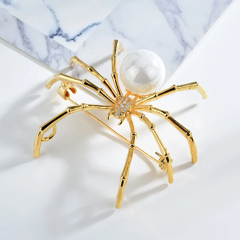 CHUKUI Imitation Pearl Body Micro Pave CZ Heard Spider Insect Brooches Gold Tone Spider Pins Broaches (5)