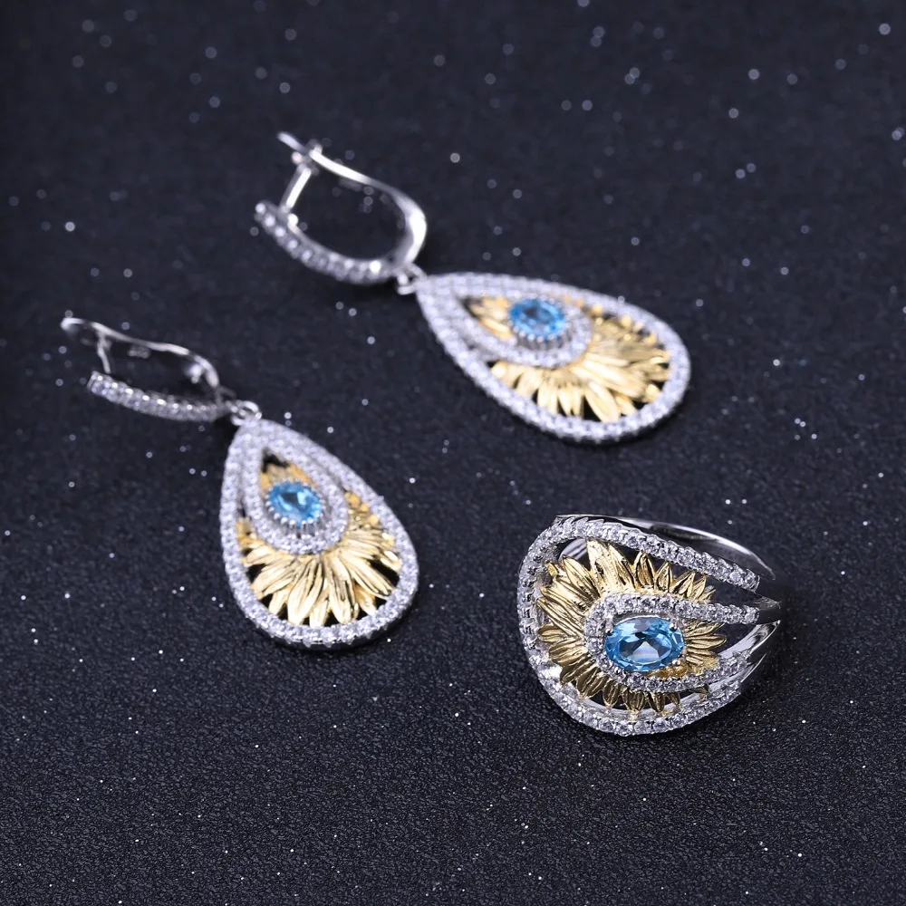 GEM'S балетные 925 пробы серебряные ювелирные изделия ручной работы 1.20Ct натуральный Швейцарский Голубой Топаз Подсолнух Висячие серьги для женщин Свадебные