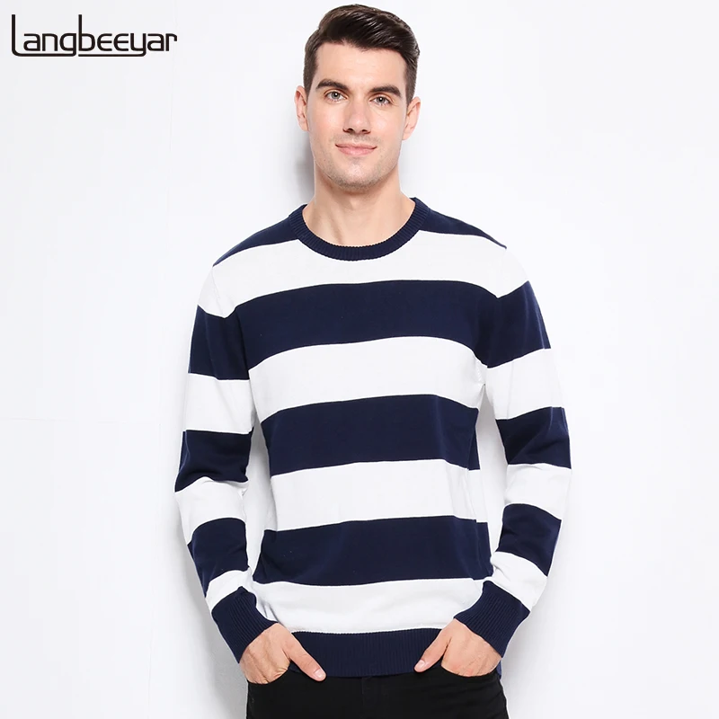

Autumn Winter Fashion Brand Clothing Men Knitted Sweater Thick Stripes Slim Fit Pullover Men 100% Cotton O-Neck Sweaters For Men