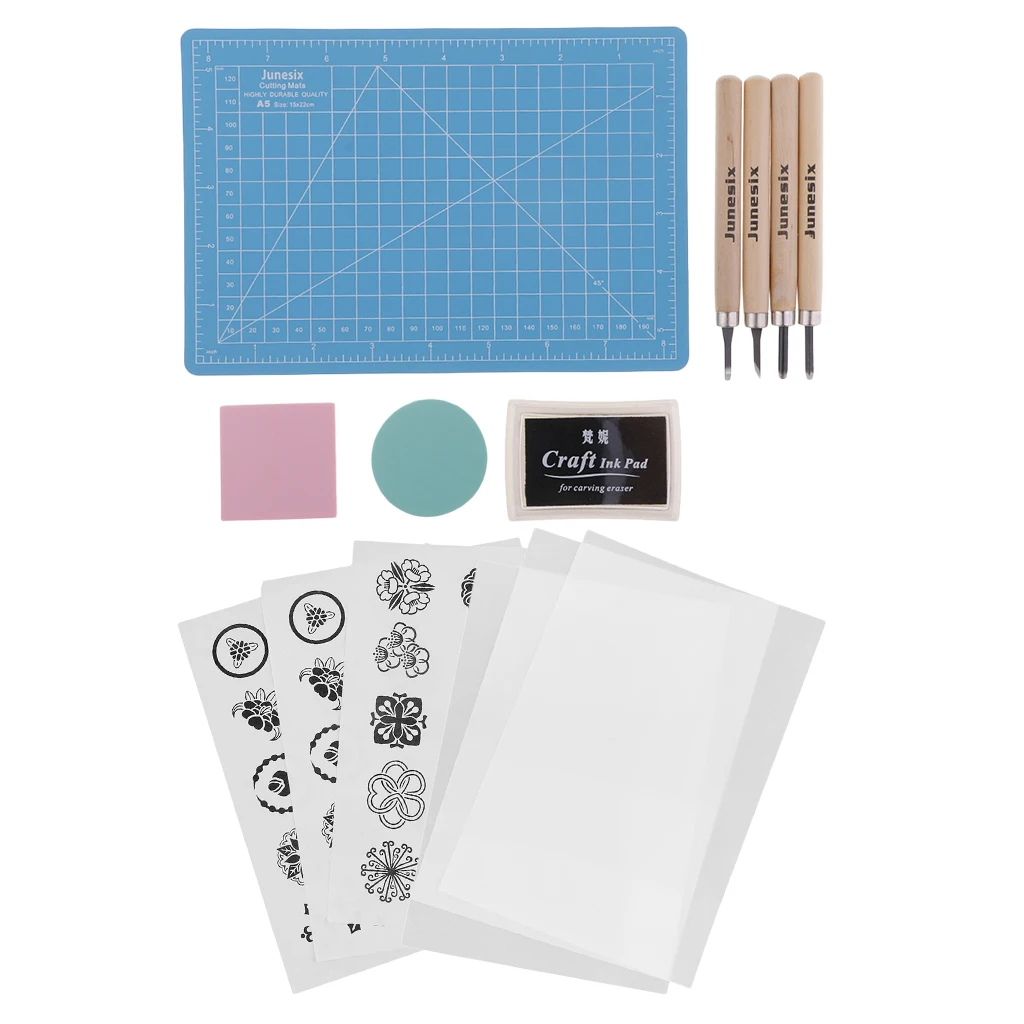 14 Pieces/Set Rubber Stamp Carving Block Kit DIY Crafts CHISELS CUTTING MAT INK PAD STAMPING TEMPLATE TRACING PAPER