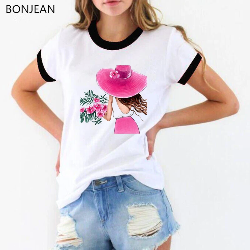 

Vogue t shirt women Wearing hat girl with flowers print tee shirt femme harajuku fashion tshirt hipster tops tumblr t-shirt