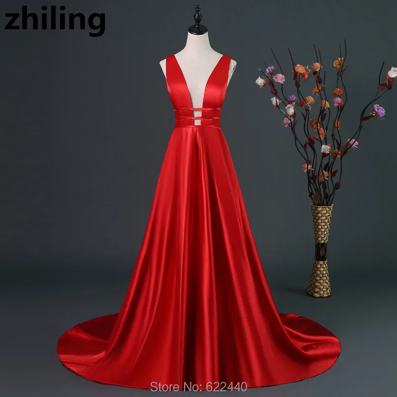 Sweep Train Sexy Deep V-neck Red Evening Dresses Long Evening Prom Dress Women Special Occasion Party Dress Sweep Train Sexy Deep V-neck Red Evening Dresses Long Evening Prom Dress Women Special Occasion Party Dress