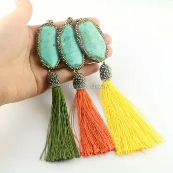 

New 5Pcs Pave Crystal Rhinestone Howlite Stone With Cords Tassel Charm Pendants Jewelry For Women