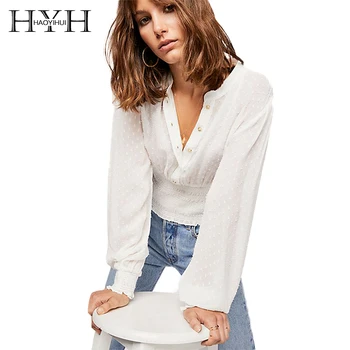 

HYH HAOYIHUI White Polka Dot Transparency Waist Ruched Blouse 2018 New Arrival Autumn Stand Sleeve Button Sexy Wemon Tops