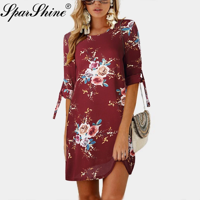 Chiffon Dress 2018 Summer Women Boho Floral Print Three Quarter Bow O-Neck Bohemian Vestito Blue Black Plus Size 5XL