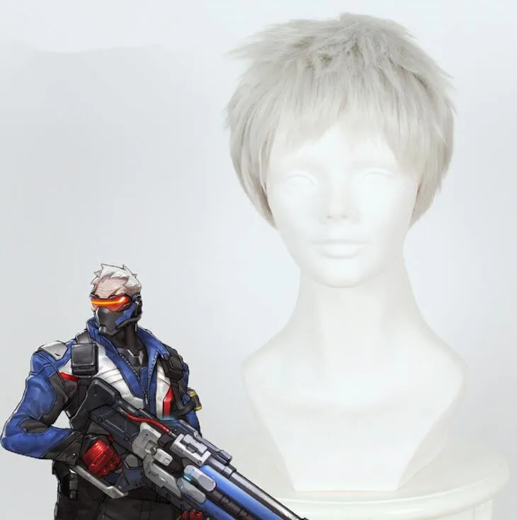 

New Arrival Game Cosplay Wig 30cm Short Straight Synthetic Hair Overwatch Soldier 76 Wig for Man Boy Costume Party Silver Grey