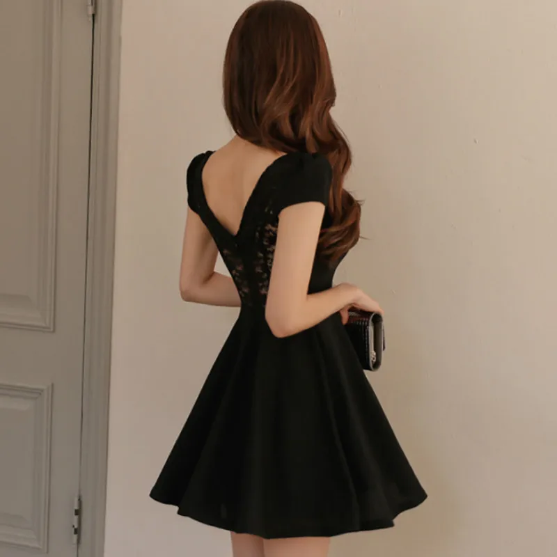 

Summer Puff Sleeve Mini Pleated Backless Lace Patchwork V-Neck High Waist Black Club Dress