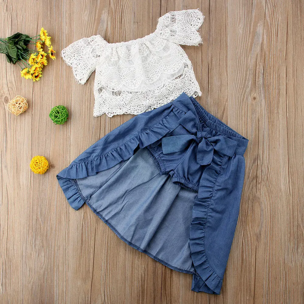 

3PCS Toddler Girl Kid Lace Off-shoulder Solid T-shirt Top and Shorts Skirt Party Outfits Clothes