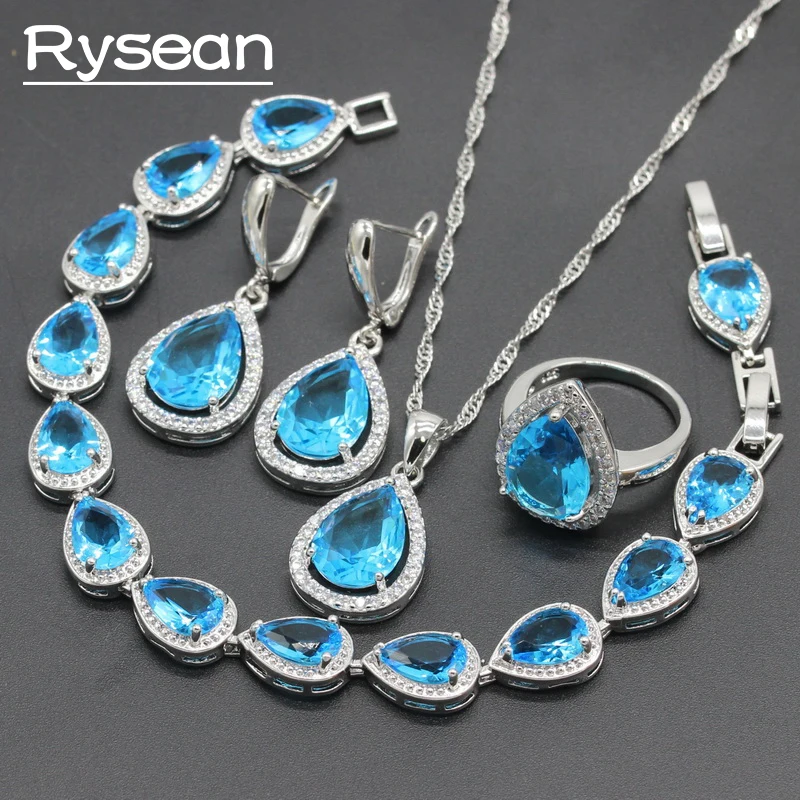 

925 Silver Jewelry Sets Water Drop Light Blue Crystal Zirconia For Women Wedding Necklace Pendant Bracelet Ring Earrings Rysean