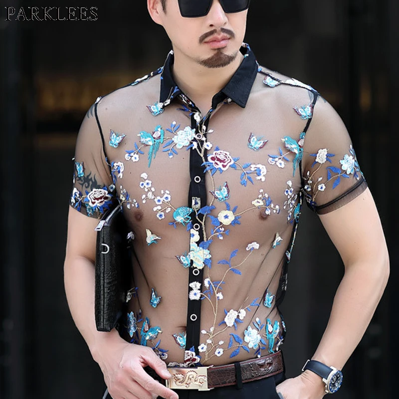 Floral Embroidery See Through Fishnet Shirt Men 2019 Sexy New Slim Fit Transparent Dress Shirts Mens Party Event Lace Chemise Floral Embroidery See Through Fishnet Shirt Men 2019 Sexy New Slim Fit Transparent Dress Shirts Mens Party Event Lace Chemise