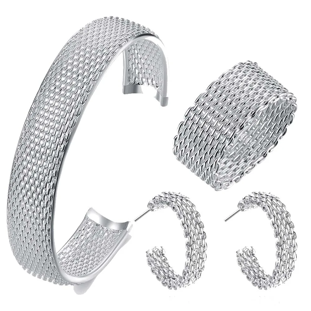 

New Silver Plated Jewelry Sets Parure Bijoux Femme Fashion Indian Jewelry Round Packet Side Net Fashion Bracelet Ring Earring