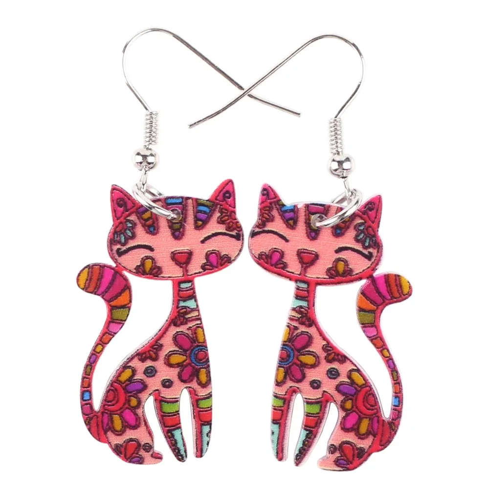 Newei Drop Cat Earrings Big Acrylic Pattern Dangle Earring Charm Animal