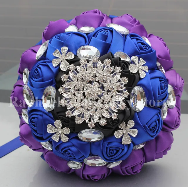 you custom black royal blue purple rose mixed flowers bridal wedding bouquet brooch crystal pearls silk
