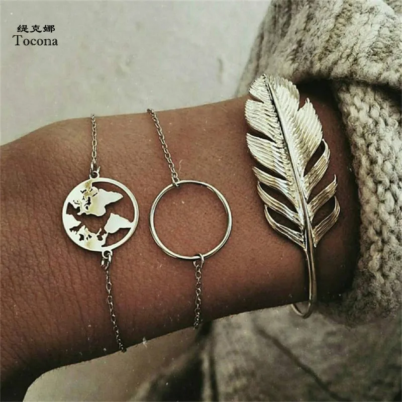 

Tocona 3 Pcs/Set Globe Leaf Circle Charm Bracelets set for Women Silver Chain Bracelet Bangle Jewelry Accessories 4785
