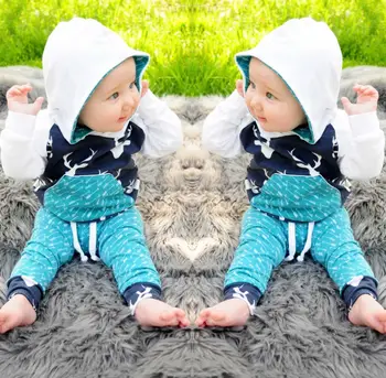 

Xmas Toddler Kids Baby Boy Girl Deer Hooded Tops +Pants Outfits Set Clothes