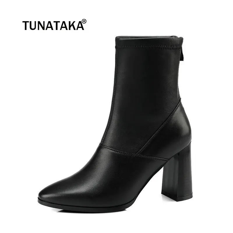 

Women Genuine Leather Square Heel Ankle Boots Fashion Zipper Pointed Toe Winter Bootie Black