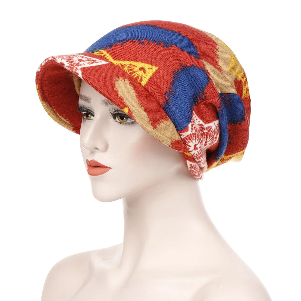 Модная женская хлопковая теплая зимняя шапка-тюрбан с широкими полями и цветочным принтом