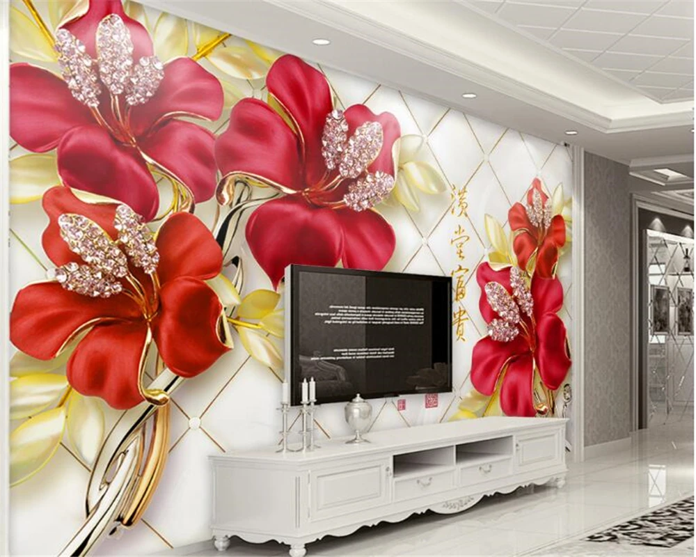 

beibehang papel de parede Fashionable beautiful wallpaper Elegant Atmosphere Red Floral Diamond Floral Stereo Background Wall
