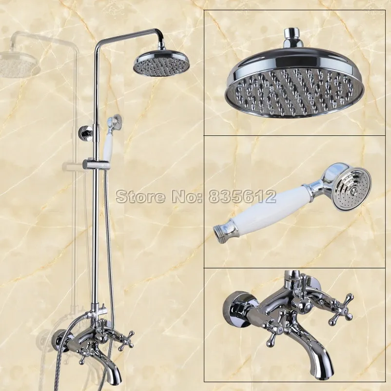 

8 inch Bathroom Rainfall Shower Faucet Set with Wall Mounted Dual Handle Bathtub Mixer Tap Chrome Brass Finish Wcy352
