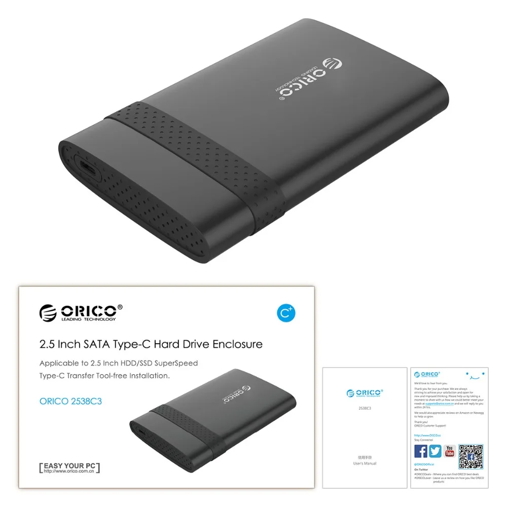 ORICO 2,5 дюймов HDD чехол USB3.0/type-C SSD корпус мобильный жесткий диск коробка USB3.0 ноутбук бесплатные инструменты HDD корпус для SSD/HDD