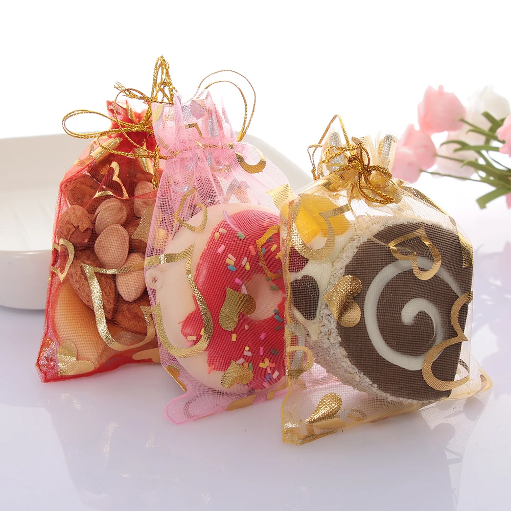 

10pcs Heart Organza Gift Bag Cute Candy Package For Wedding Favor Drawstring Pouch Jewelry Bright Party Decor 7*9/9*12/13*18cm