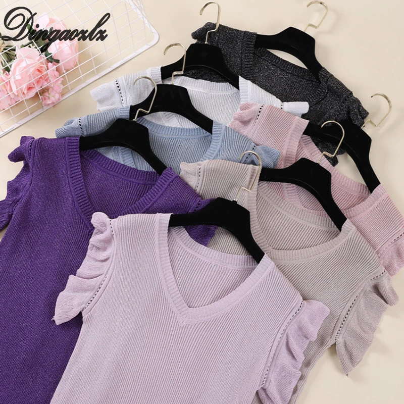 Dingaozlz New Fashion Women Knitted shirt Summer Ruffles Sleeve Pullovers Tops Solid color V-neck Casual Sweater Dingaozlz New Fashion Women Knitted shirt Summer Ruffles Sleeve Pullovers Tops Solid color V-neck Casual Sweater