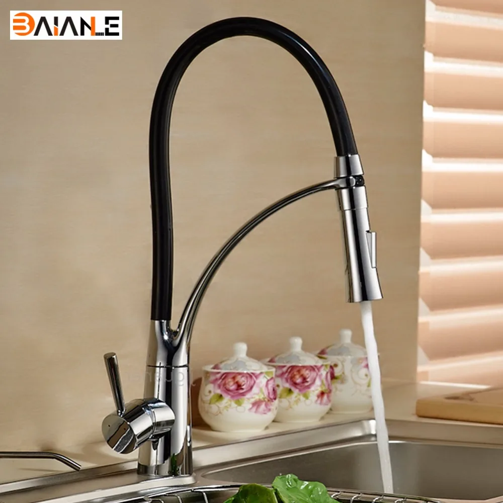 

Deck Mount Black Hose Kitchen Mixer Taps Single Handle Swivel Pull Down Kitchen Faucet Chrome Finish with Bracket