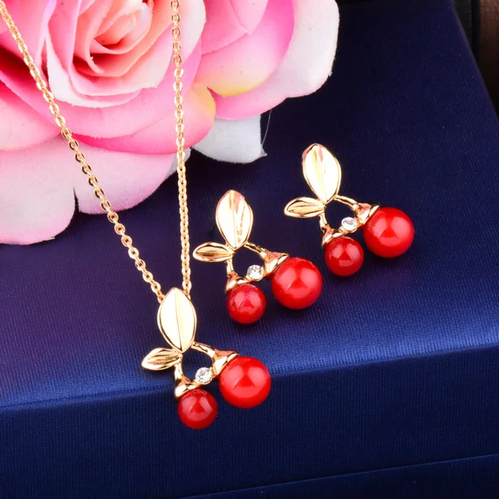 SINLEERY милые красные вишни Свадебные Ювелирные наборы серебро/золото цвет женские Свадебные обручальные ювелирные изделия подарки TZ067 SSH