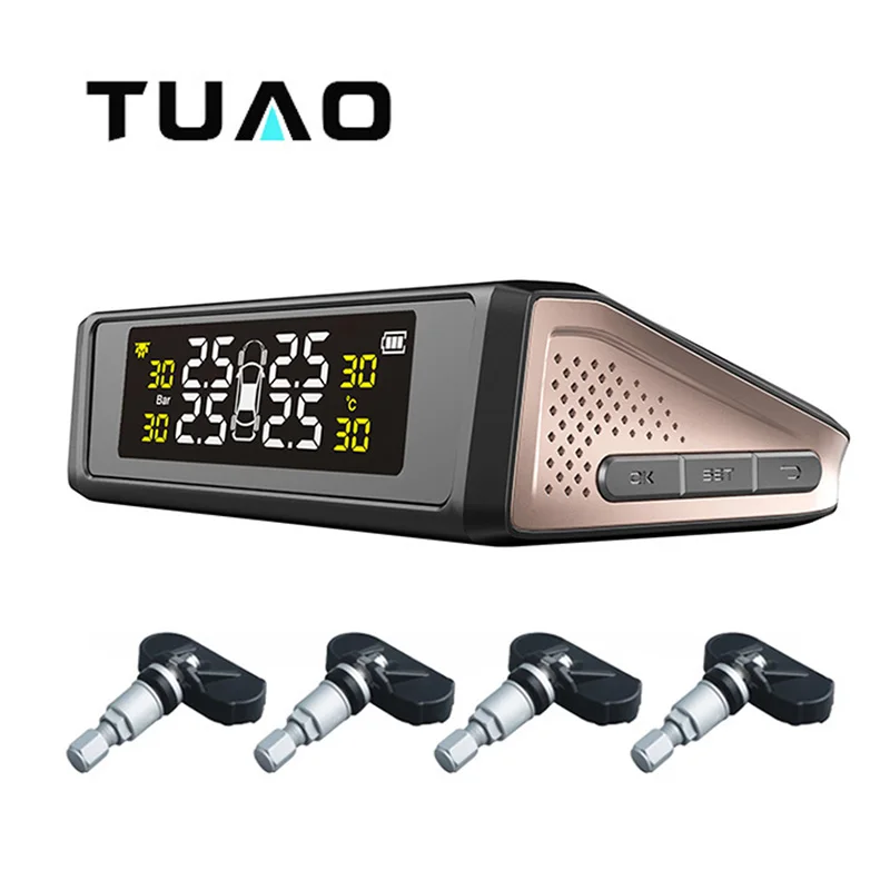 TUAO S5i Smart Car TPMS Tire Pressure Monitoring System Solar Power Charging LCD Display Tyre pressure sensor Auto alarm system |
