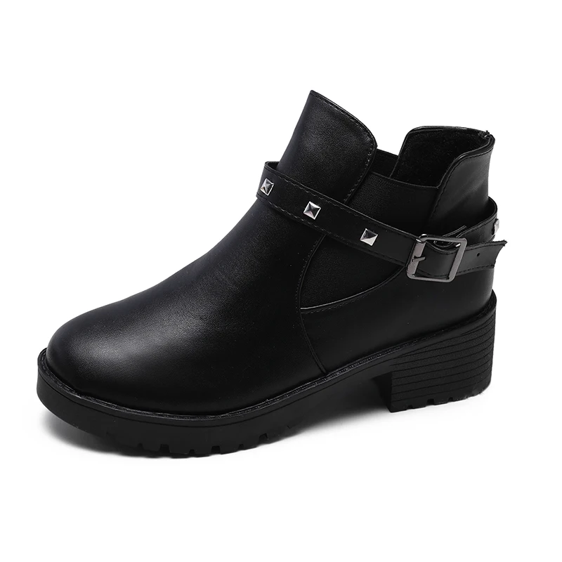 

Autumn Round Toe Ankle Boots for Women Lace Up Black Color Female Boots Warm Fashion Metal Stud Buckle Classic Style Women Shoes