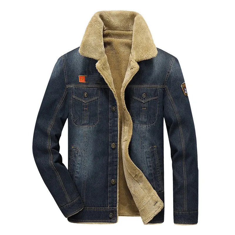 winter Retro denim jacket men fur collar thicken outwear jacket denim