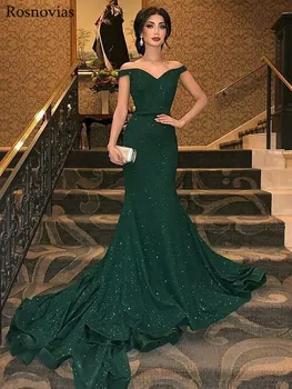 

2019 Dark Green Mermaid Evening Dresses Long Off Shoulder Zipper Back Sweep Train Beaded Prom Party Gowns Vestidos De Fiesta