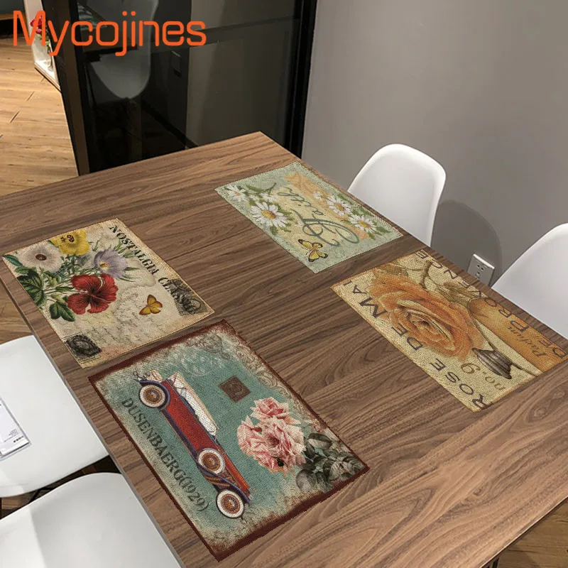 

Retro Table Fabric Napkin Bird Flowers Table Mat Plants Kitchen Decoration Fashion Placemat Dining Accessories Satin Servilleta
