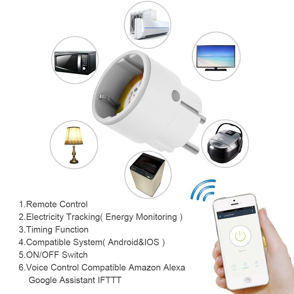 Умная розетка с Wi-Fi, розетка 3680 Вт, 16А, таймер для контроля энергии, ЕС, розетка, голосовое управление от Alexa Google Home IFTTT
