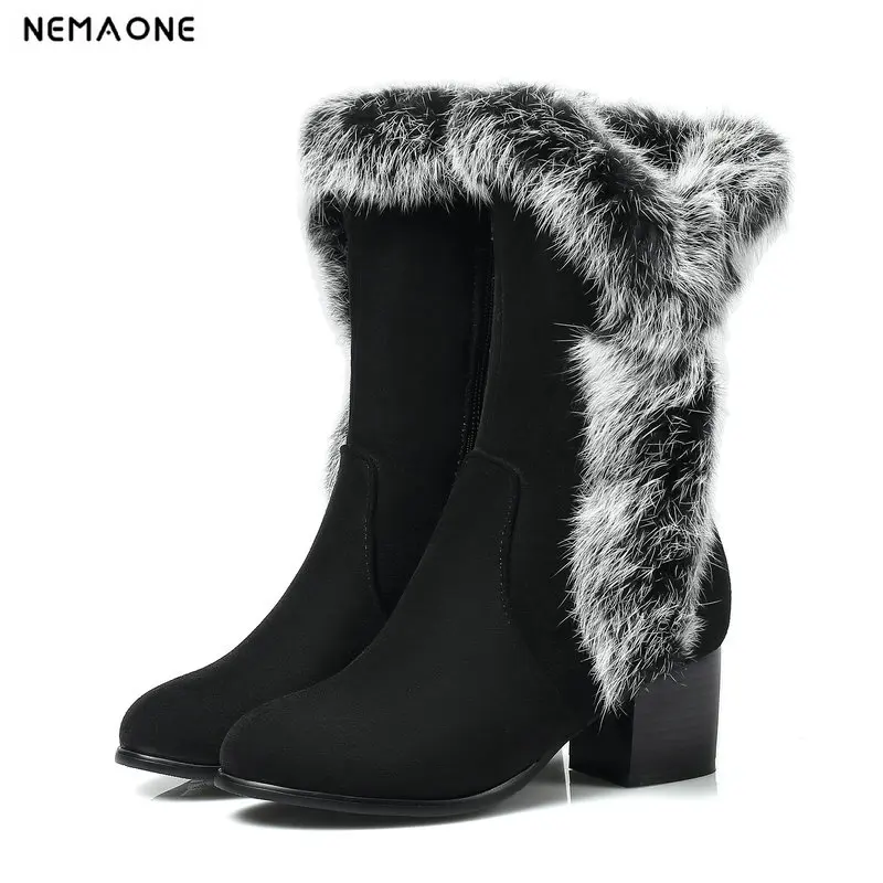 

New plush Women mid-calf snow Boots woman thick high Heel sexy Women casual winter warm shoes large Size 34-43