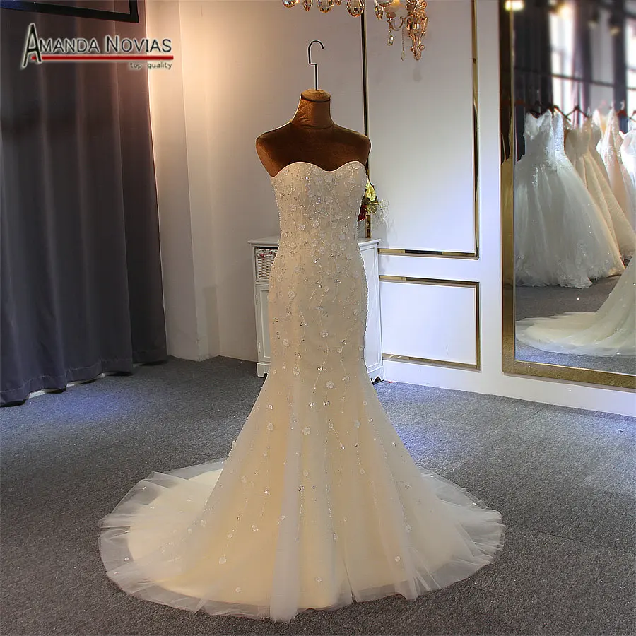 

Simple beading flowers mermaid wedding dress vestido de noiva