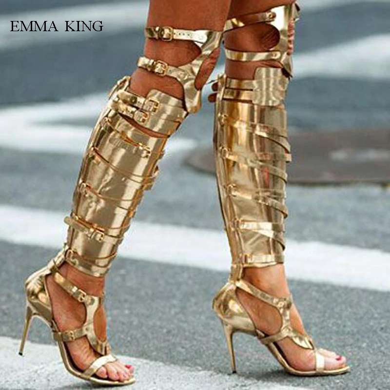 Luxury Gold Leather Women Sandals Buckle Strap Hollow Out Over Knee Boots Sexy Open Toe Stiletto High Heels Summer Shoes Woman