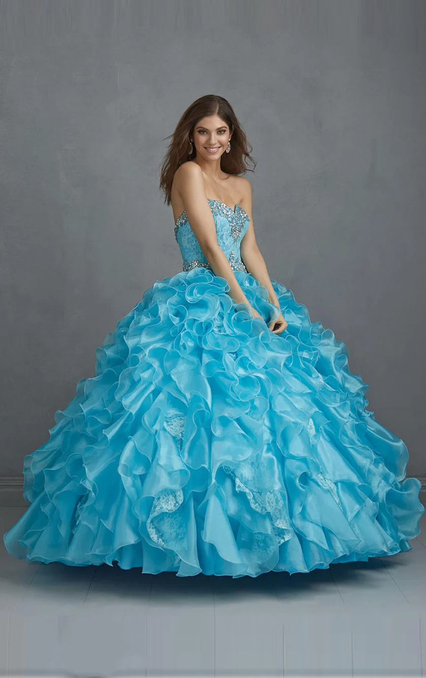 Sky Blue Ruffled Organza Quinceanera Dresses Strapless Sweet 16 Dresses