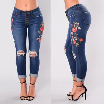 

New Fashion Women Sexy Skinny High Waist Pencil Jeans Trousers Floral Embroidered Denim Women Ripped Jeans Plus Size