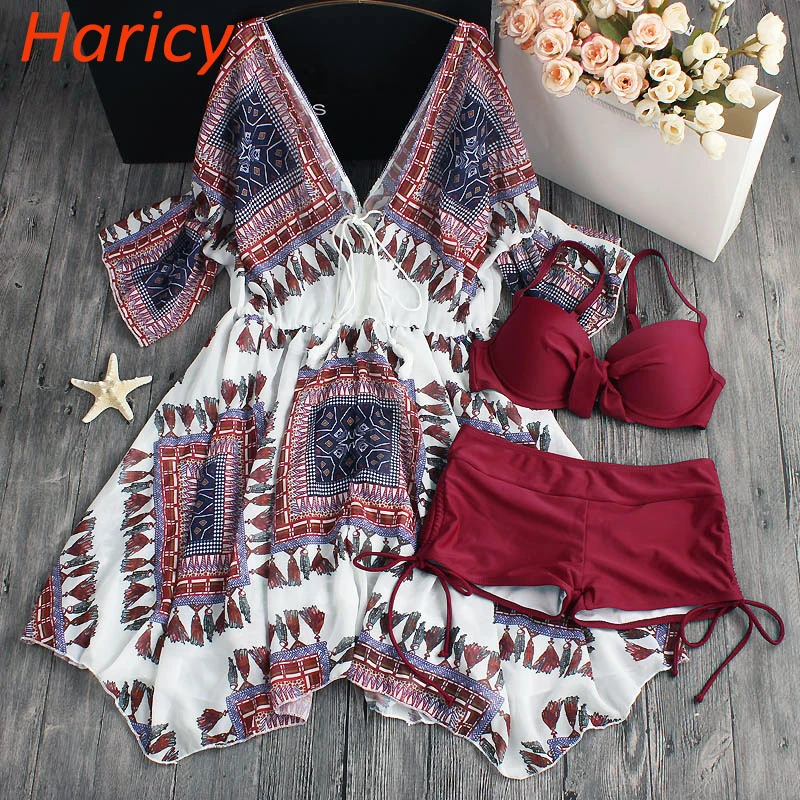 

Red Bikini Set High Waist Swimsuit Women Dress Plus Size Push Up Swimwear Retro Bathing Suit Bandeau Strappy Bikini LargeSize